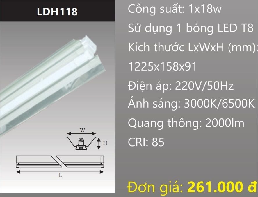 ĐÈN MÁNG CÔNG NGHIỆP CHÓA PHẢN QUANG GẮN 1 BÓNG 1M2 LED 1X18W DUHAL LDH118