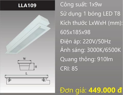  MÁNG ĐÈN ÂM TRẦN CHỤP MICA GẮN 1 BÓNG 6 TẤC LED 9W DUHAL LLA109 