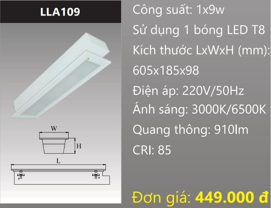 MÁNG ĐÈN ÂM TRẦN CHỤP MICA GẮN 1 BÓNG 6 TẤC LED 9W DUHAL LLA109