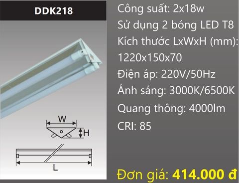  MÁNG ĐÈN CHỮ V CHÓA PHẢN QUANG GẮN 2 BÓNG 1M2 LED 2X18W DUHAL DDK218 