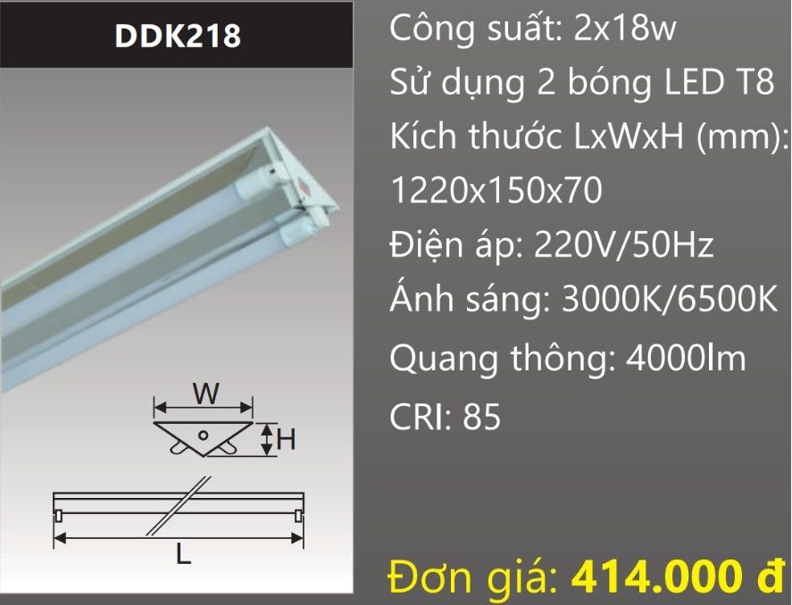 MÁNG ĐÈN CHỮ V CHÓA PHẢN QUANG GẮN 2 BÓNG 1M2 LED 2X18W DUHAL DDK218