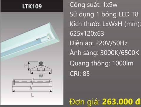  MÁNG ĐÈN CÔNG NGHIỆP CHỮ V GẮN 1 BÓNG 6 TẤC LED 1X9W DUHAL LTK109 