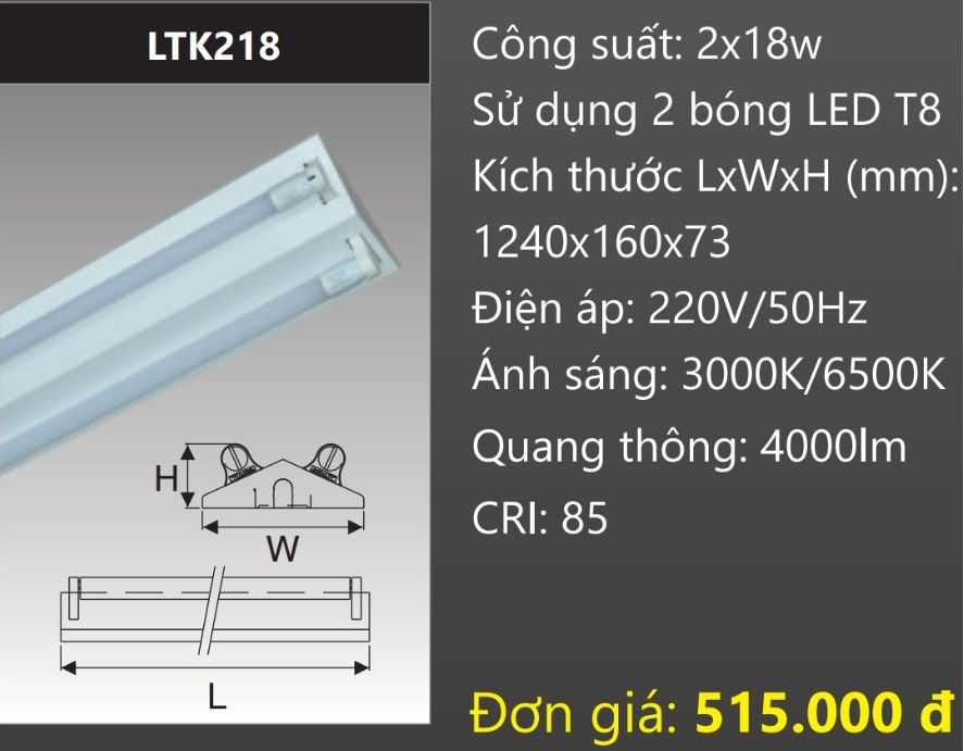 MÁNG ĐÈN CÔNG NGHIỆP CHỮ V GẮN 2 BÓNG 1M2 LED 2X18W DUHAL LTK218