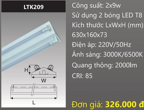  MÁNG ĐÈN CÔNG NGHIỆP CHỮ V GẮN 2 BÓNG 6 TẤC LED 2X9W DUHAL LTK209 