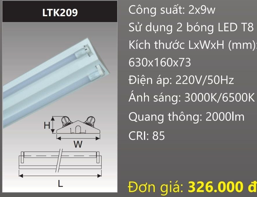 MÁNG ĐÈN CÔNG NGHIỆP CHỮ V GẮN 2 BÓNG 6 TẤC LED 2X9W DUHAL LTK209