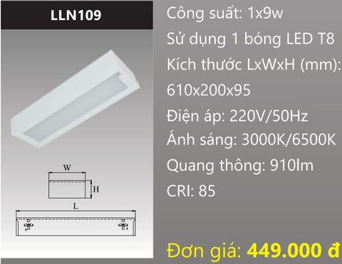  MÁNG ĐÈN LẮP NỔI CHỤP MICA GẮN 1 BÓNG 6 TẤC LED 9W DUHAL LLN109 