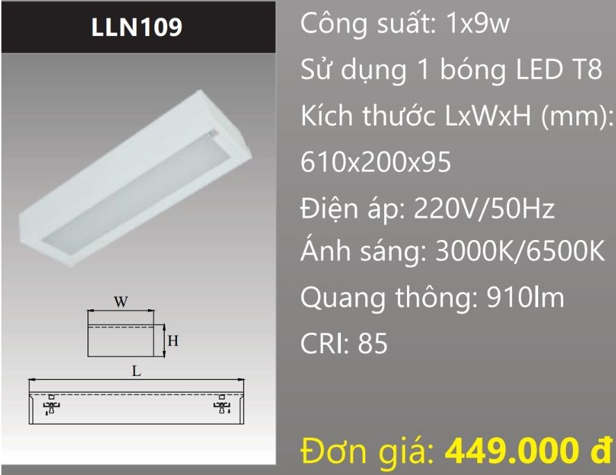 MÁNG ĐÈN LẮP NỔI CHỤP MICA GẮN 1 BÓNG 6 TẤC LED 9W DUHAL LLN109