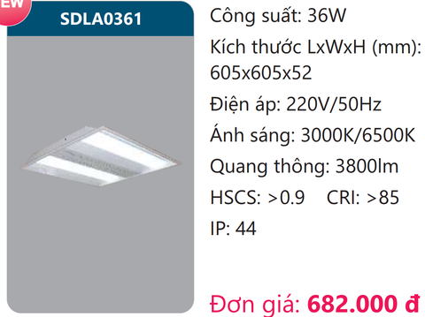  MÁNG ĐÈN LED ÂM TRẦN 600 x 600 - 36W DUHAL / SDLA0361 