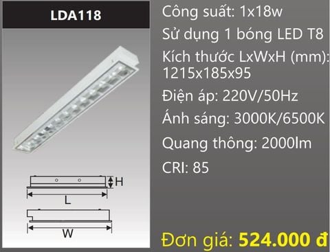  MÁNG ĐÈN PHẢN QUANG ÂM TRẦN GẮN 1 BÓNG 1M2 LED 18W DUHAL LDA118 