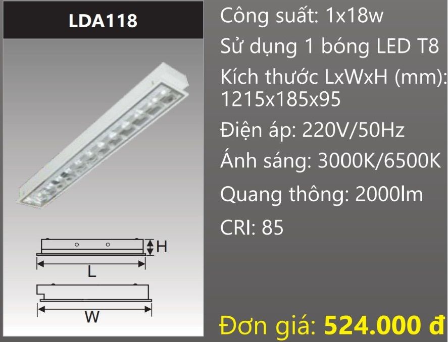 MÁNG ĐÈN PHẢN QUANG ÂM TRẦN GẮN 1 BÓNG 1M2 LED 18W DUHAL LDA118