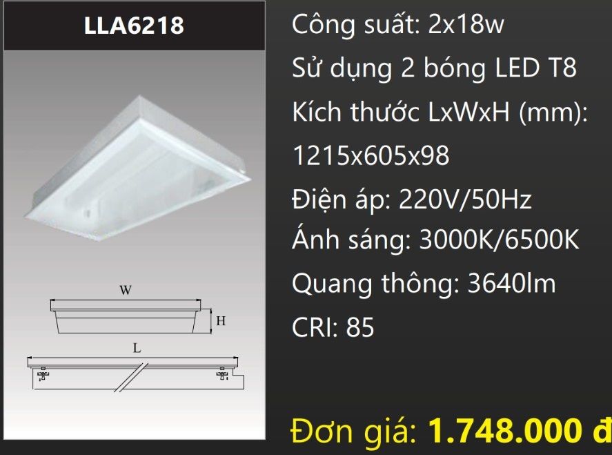 MÁNG ĐÈN ÂM TRẦN MẶT CHỤP MICA 600X1200 (60X120) GẮN 2 BÓNG 1M2 LED 2X18W DUHAL LLA6218