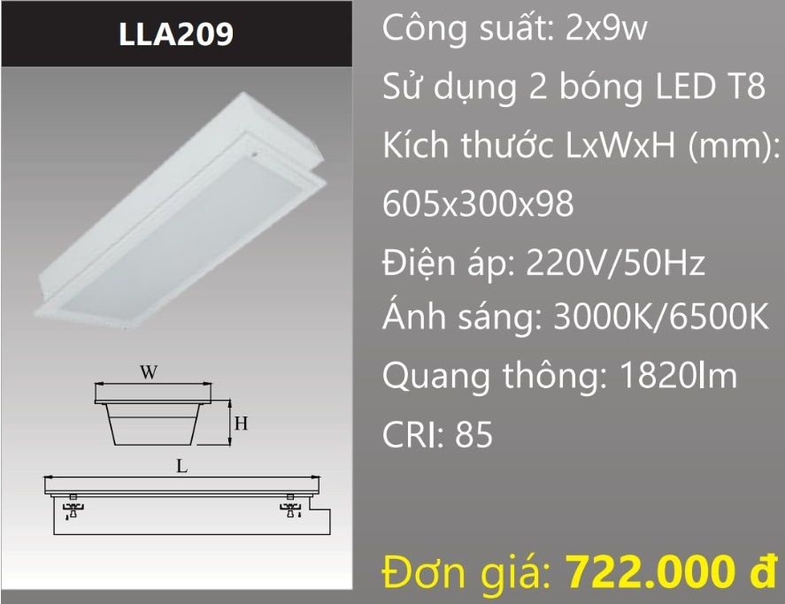 MÁNG ĐÈN ÂM TRẦN MẶT CHỤP MICA 300X600 (30X60) GẮN 2 BÓNG 6 TẤC LED 2X9W DUHAL LLA209