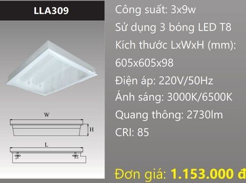  MÁNG ĐÈN ÂM TRẦN MẶT CHỤP MICA 600X600 (60X60) GẮN 3 BÓNG 6 TẤC LED 3X9W DUHAL LLA309 