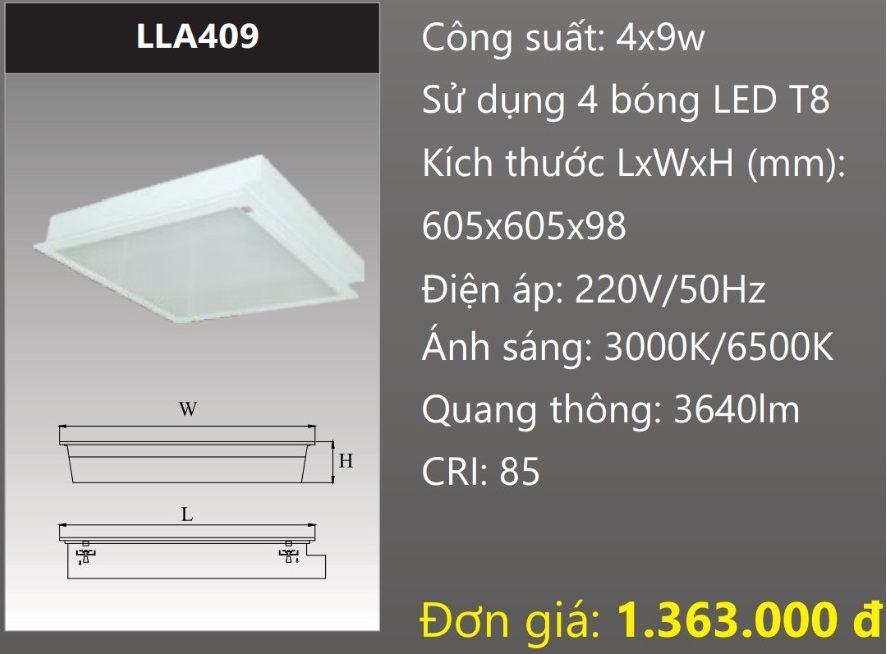 MÁNG ĐÈN ÂM TRẦN MẶT CHỤP MICA 600X600 (60X60) GẮN 4 BÓNG 6 TẤC LED 4X9W DUHAL LLA409