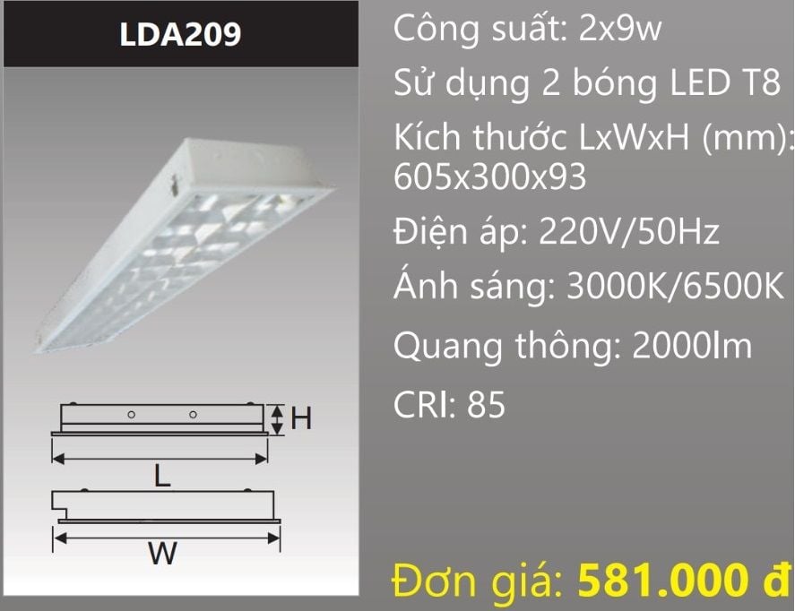 MÁNG ĐÈN PHẢN QUANG ÂM TRẦN 300X600 (30X60) GẮN 2 BÓNG 6 TẤC LED 2X9W DUHAL LDA209