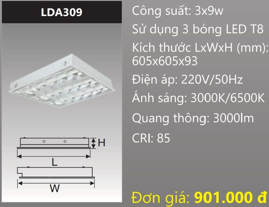 MÁNG ĐÈN PHẢN QUANG ÂM TRẦN 600X600 (60X60) GẮN 3 BÓNG 6 TẤC LED 3X9W DUHAL LDA309