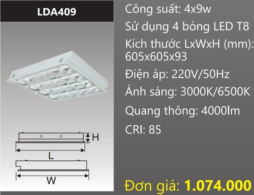 MÁNG ĐÈN PHẢN QUANG ÂM TRẦN 600X600 (60X60) GẮN 4 BÓNG 6 TẤC LED 4X9W DUHAL LDA409