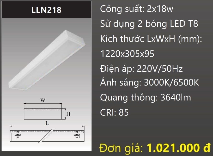 MÁNG ĐÈN CHỤP MICA 300x1200 (30x120) LẮP NỔI GẮN 2 BÓNG 1M2 LED 2x18W DUHAL LLN218