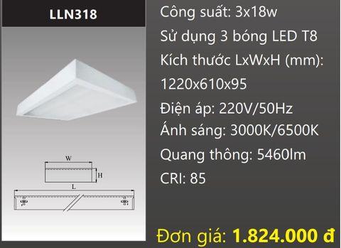  MÁNG ĐÈN CHỤP MICA 600x1200 (60x120) LẮP NỔI GẮN 3 BÓNG 1M2 LED 3x18W DUHAL LLN318 