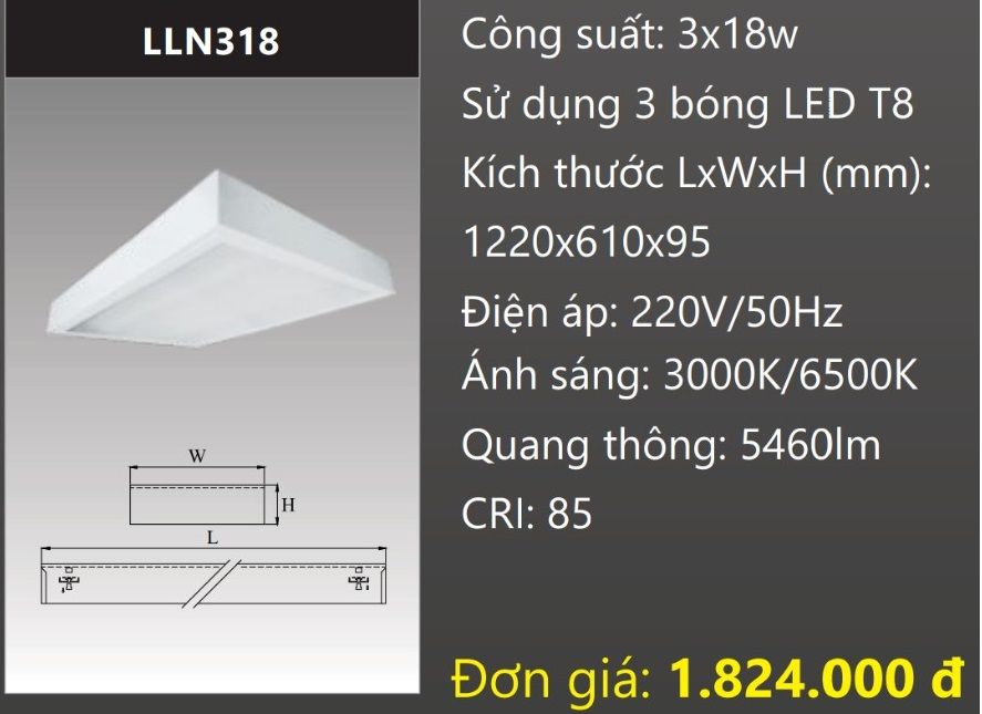 MÁNG ĐÈN CHỤP MICA 600x1200 (60x120) LẮP NỔI GẮN 3 BÓNG 1M2 LED 3x18W DUHAL LLN318