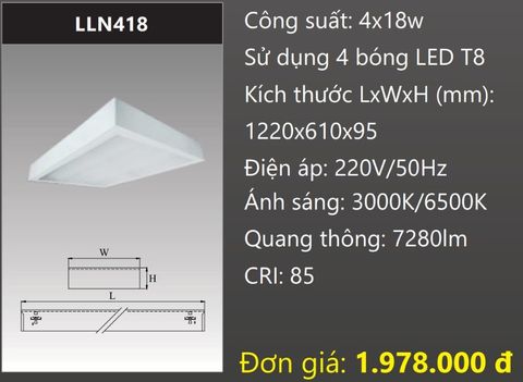  MÁNG ĐÈN CHỤP MICA 600x1200 (60x120) LẮP NỔI GẮN 4 BÓNG 1M2 LED 4x18W DUHAL LLN418 