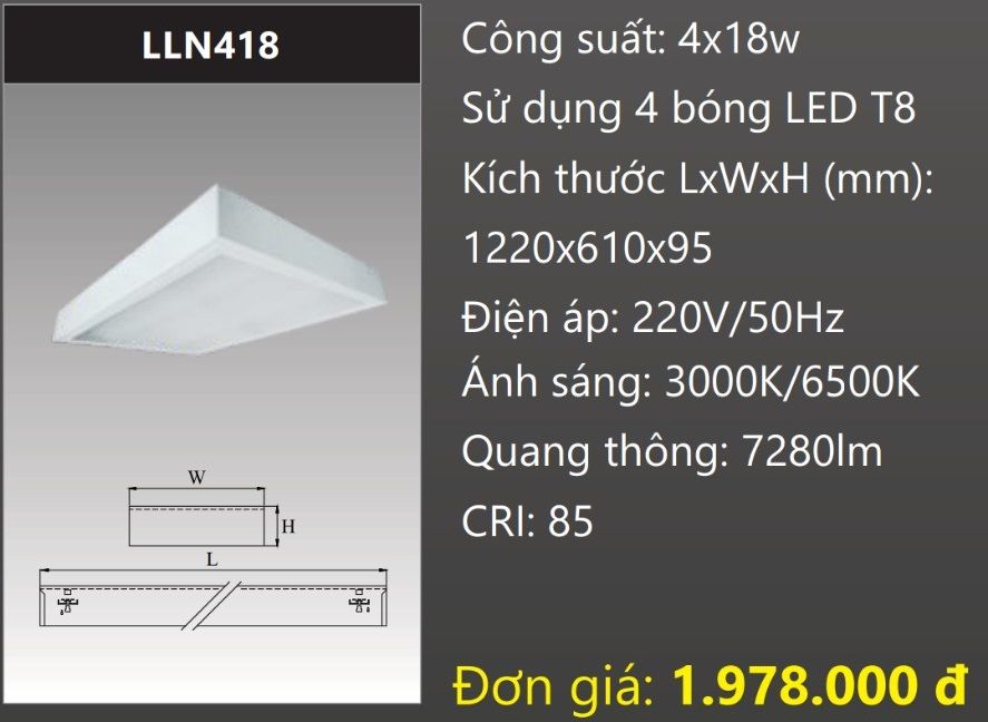 MÁNG ĐÈN CHỤP MICA 600x1200 (60x120) LẮP NỔI GẮN 4 BÓNG 1M2 LED 4x18W DUHAL LLN418