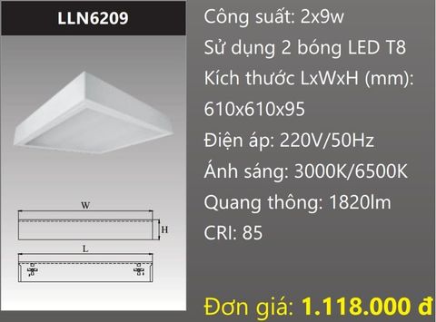  MÁNG ĐÈN CHỤP MICA 600x600 (60x60) LẮP NỔI GẮN 2 BÓNG 6 TẤC LED 2x9W DUHAL LLN6209 