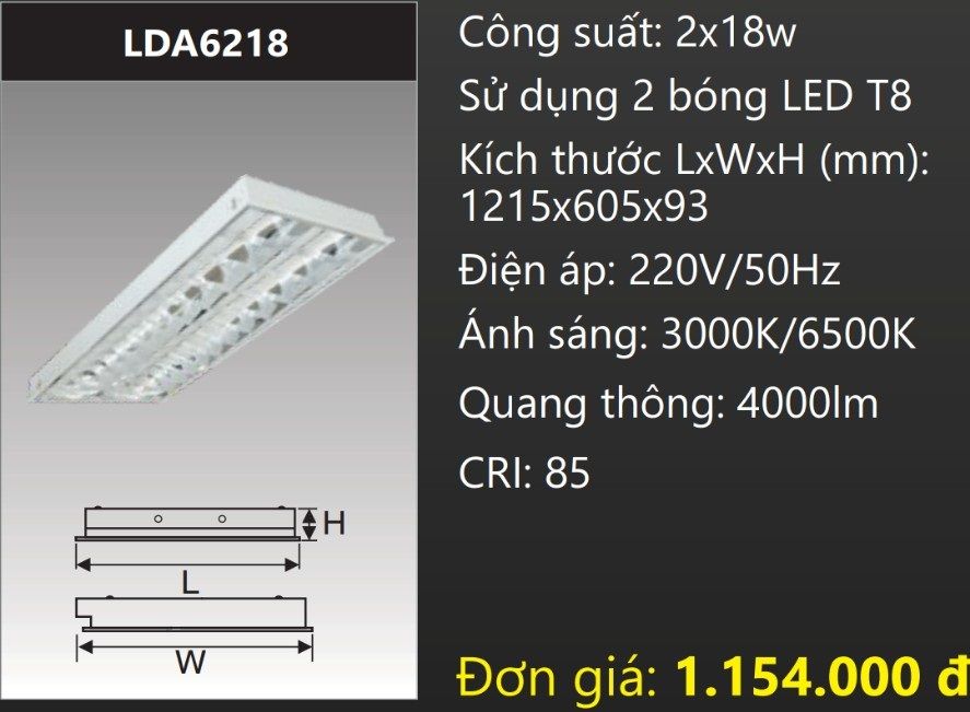 MÁNG ĐÈN PHẢN QUANG ÂM TRẦN 600X1200 (60X120) GẮN 2 BÓNG 1M2 LED 2x18W DUHAL LDA6218