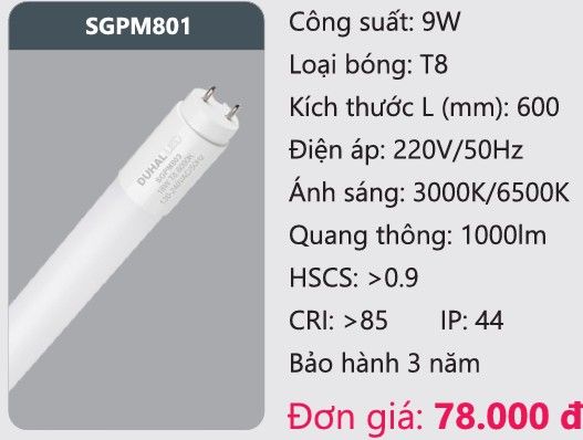 BÓNG ĐÈN TUÝP LED DUHAL SGPM801 ( 0,6M , 9W )