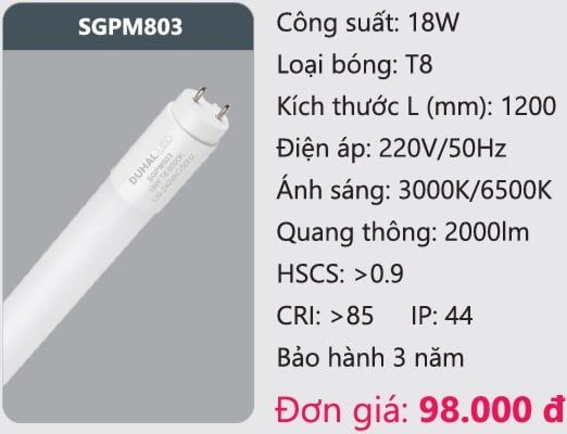 BÓNG ĐÈN TUÝP LED DUHAL SGPM803 ( 1M2 , 18W )