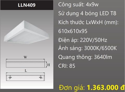  MÁNG ĐÈN CHỤP MICA 600x600 (60x60) LẮP NỔI GẮN 4 BÓNG 6 TẤC LED 4x9W DUHAL LLN409 