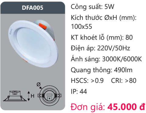  ĐÈN LED DOWLIGHT ÂM TRẦN 5W DUHAL DFA005 