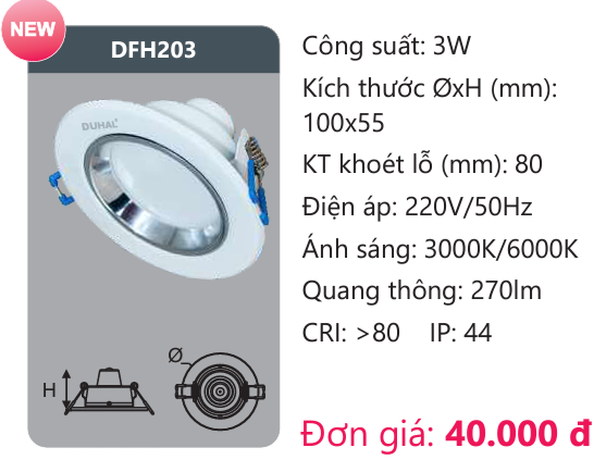 ĐÈN LED DOWLIGHT ÂM TRẦN 3W DUHAL DFH203