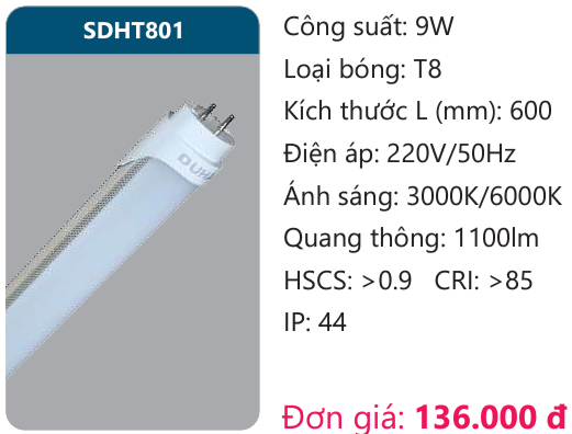 BÓNG ĐÈN TUÝP LED DUHAL SDHT801 ( 0,6M , 9W )