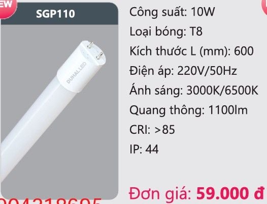BÓNG ĐÈN TUÝP LED GLASS PC DUHAL SGP110 ( 6 TẤC / 10W )