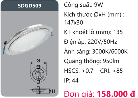  ĐÈN LED ÂM TRẦN 9W DUHAL SDGD509 / DGD509 