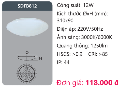  ĐÈN ỐP TRẦN LED DUHAL 12W SDFB812 