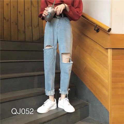 QJ052 - QUẦN JEAN BAGGY NỮ WASH RÁCH 2 GỐI