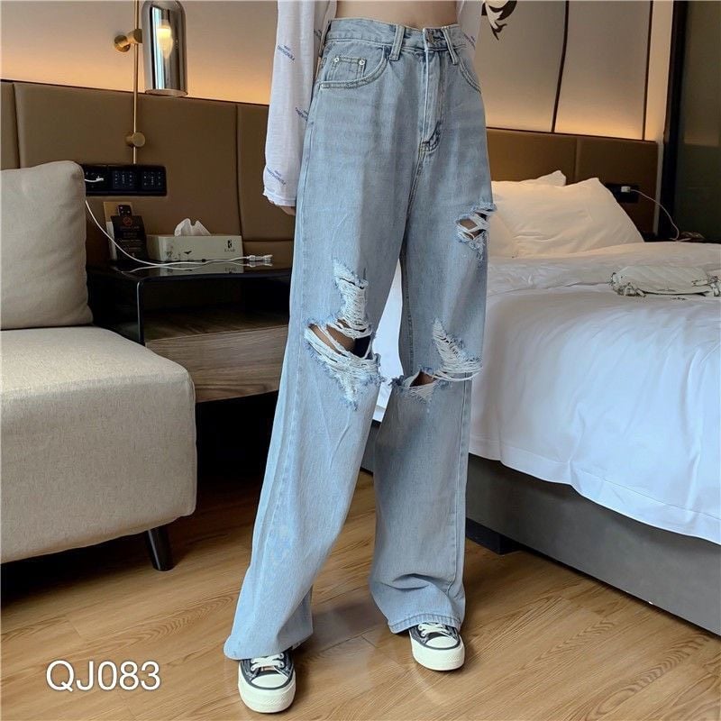 QUẦN JEAN NỮ ỐNG RỘNG WASH RÁCH - QJ083