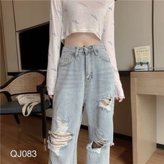 QUẦN JEAN NỮ ỐNG RỘNG WASH RÁCH - QJ083