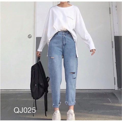 QJ025 - QUẦN JEAN BAGGY NỮ XANH BẠC RÁCH GỐI