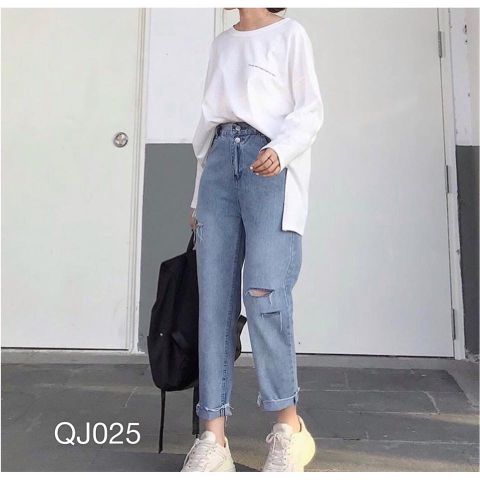 QJ025 - QUẦN JEAN BAGGY NỮ XANH BẠC RÁCH GỐI