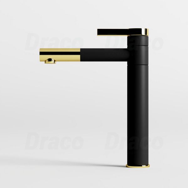 Vòi Lavabo Nóng Lạnh Đồng Thau Ống Tròn Đầu Mạ Vàng Draco F2122BB (Cao)
