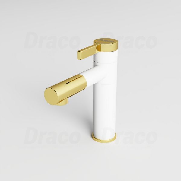 Vòi Lavabo Nóng Lạnh Đồng Thau Ống Tròn Đầu Mạ Vàng Draco F2122 (Thấp)