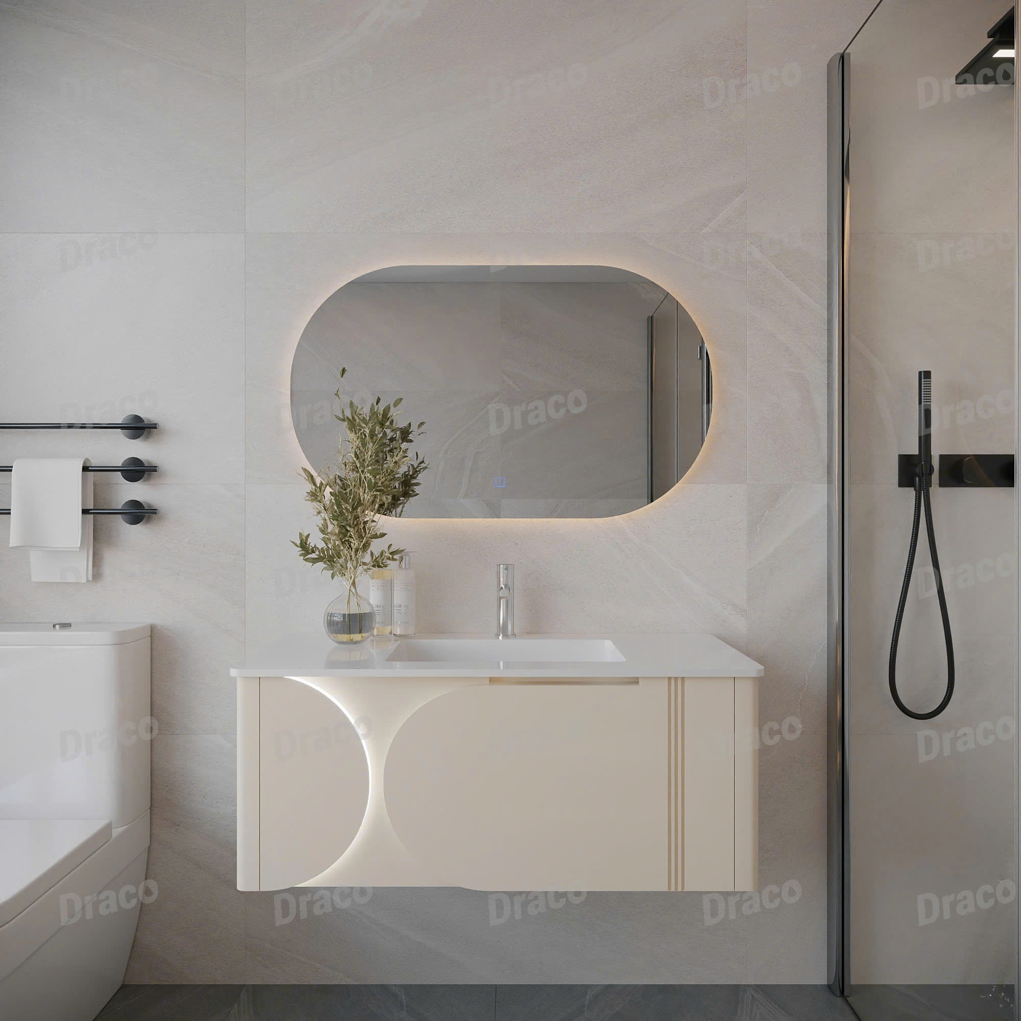 Tủ Lavabo Màu Kem Draco T2110PK Chất Liệu Nhựa PVC Lõi Đặc Chống Nước Tuyệt Đối - Kèm Gương Led