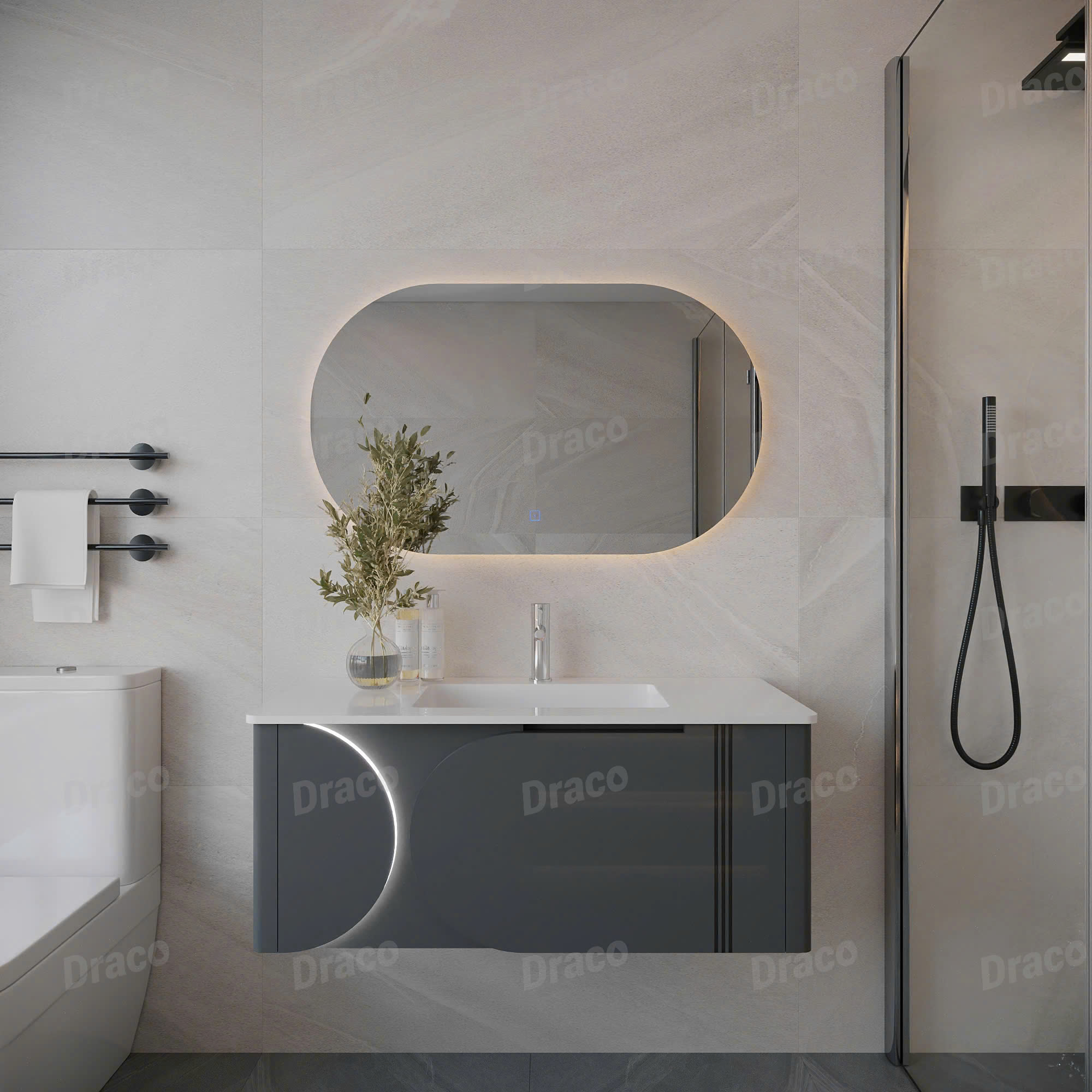 Tủ Lavabo Màu Xám Draco T2110PX Chất Liệu Nhựa PVC Lõi Đặc Chống Nước Tuyệt Đối - Kèm Gương Led