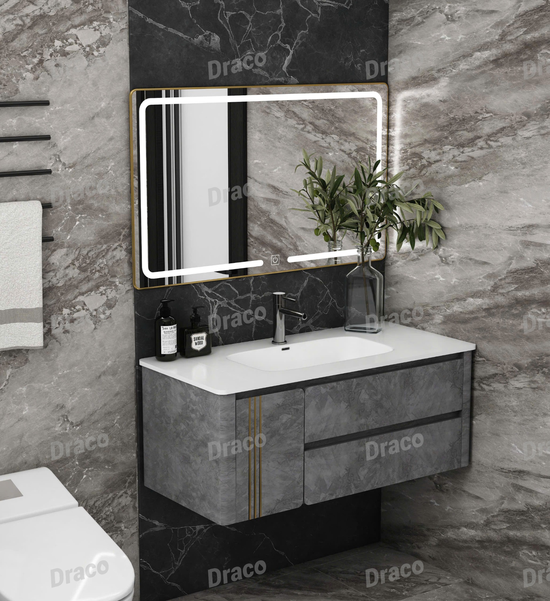 Tủ Lavabo Màu Xám Bê Tông Draco T2111PBT Chất Liệu Nhựa PVC Lõi Đặc Chống Nước Tuyệt Đối - Kèm Gương Led