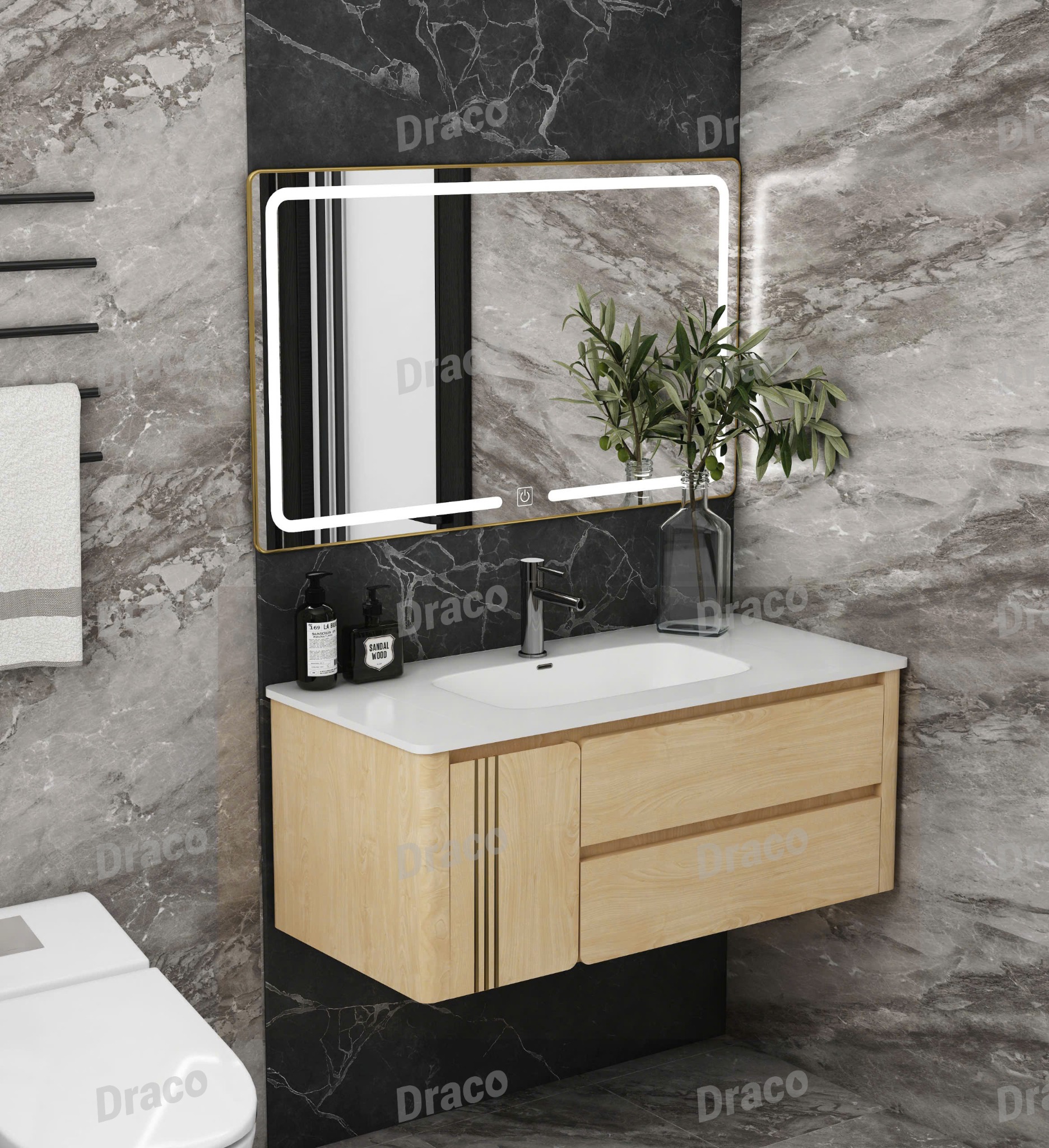 Tủ Lavabo Màu Gỗ Nhạt Draco T2111PGN Chất Liệu Nhựa PVC Lõi Đặc Chống Nước Tuyệt Đối - Kèm Gương Led