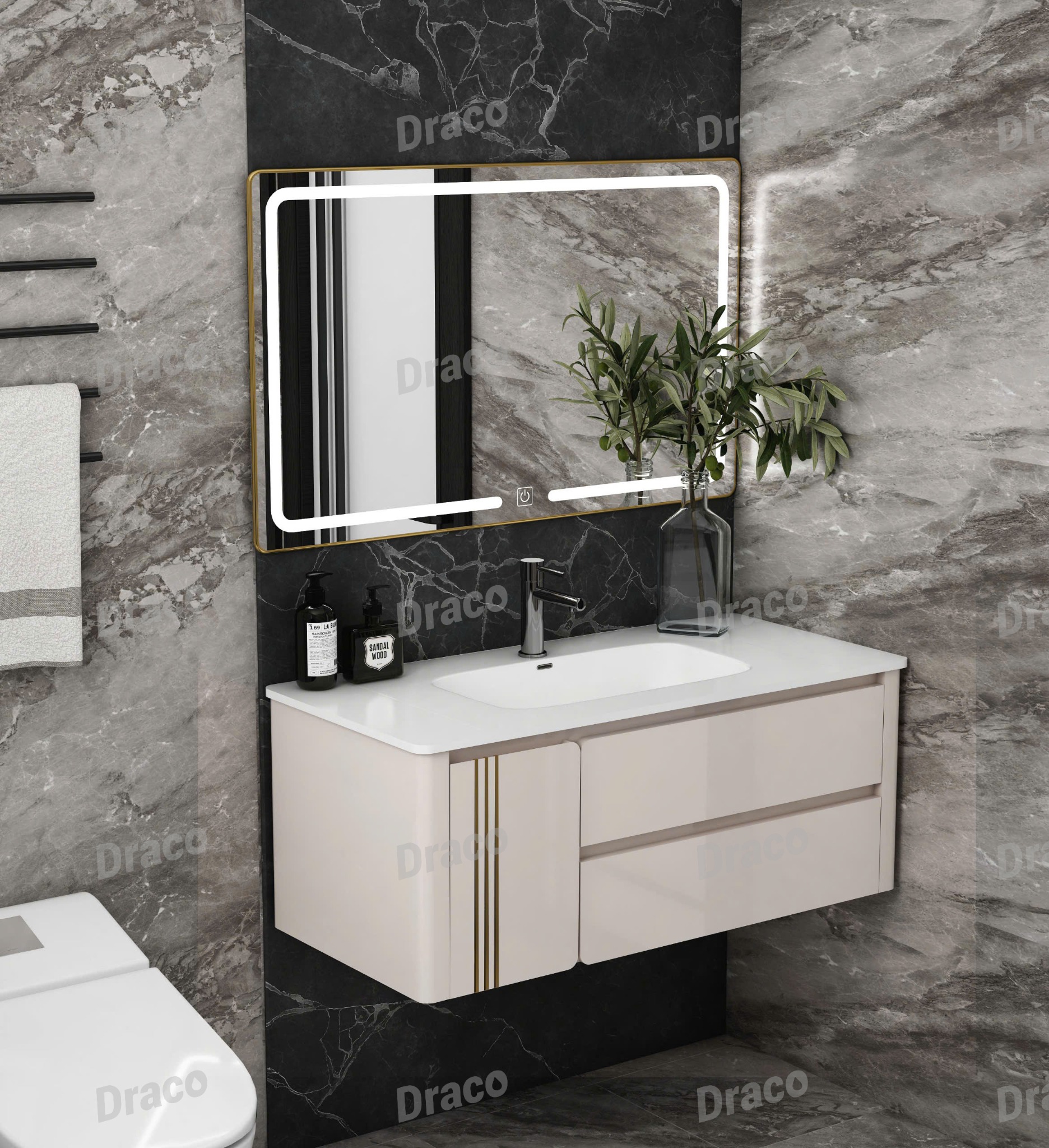 Tủ Lavabo Màu Kem Draco T2111PK Chất Liệu Nhựa PVC Lõi Đặc Chống Nước Tuyệt Đối - Kèm Gương Led