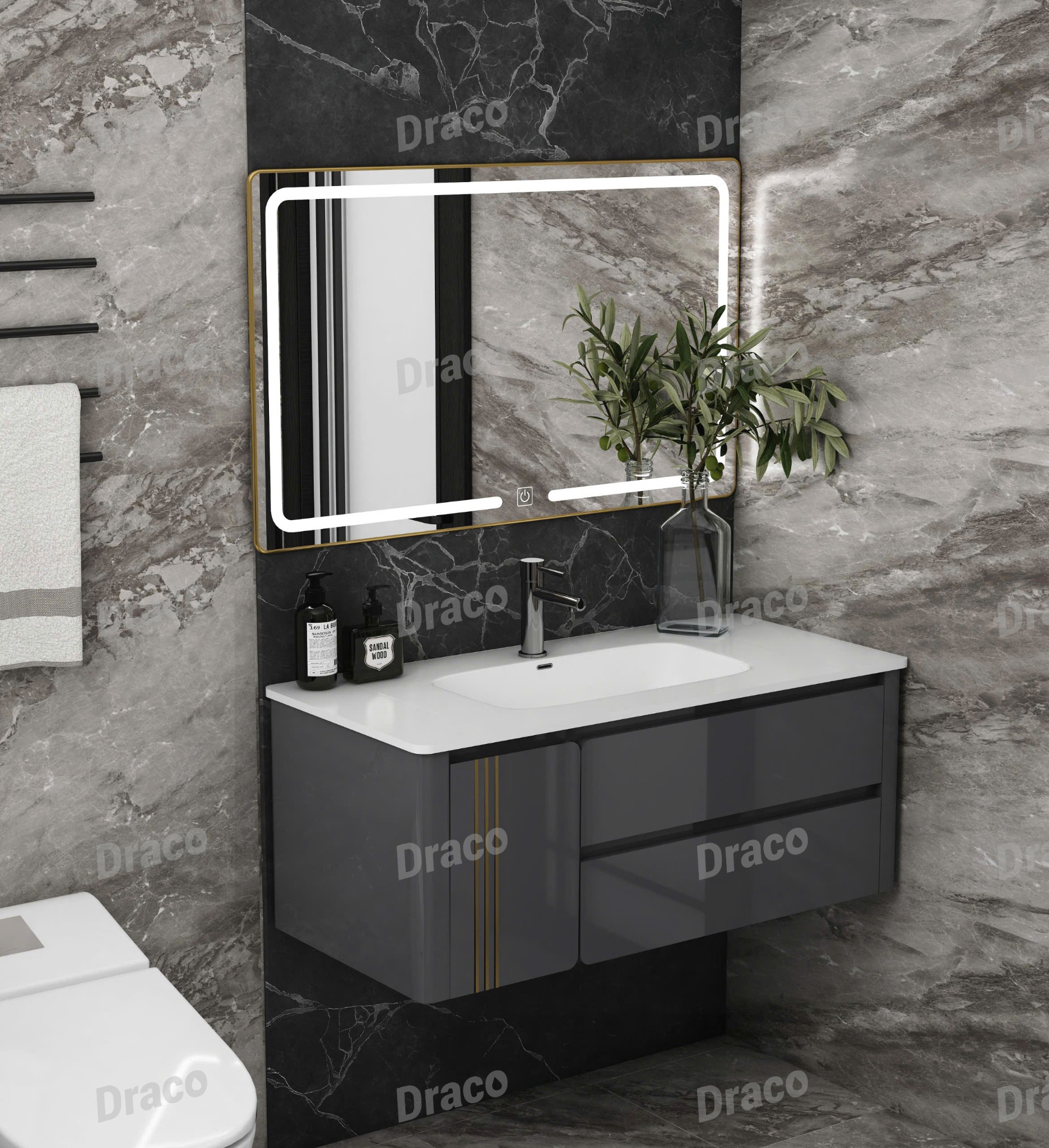 Tủ Lavabo Màu Xám Đậm Draco T2111PXD Chất Liệu Nhựa PVC Lõi Đặc Chống Nước Tuyệt Đối - Kèm Gương Led
